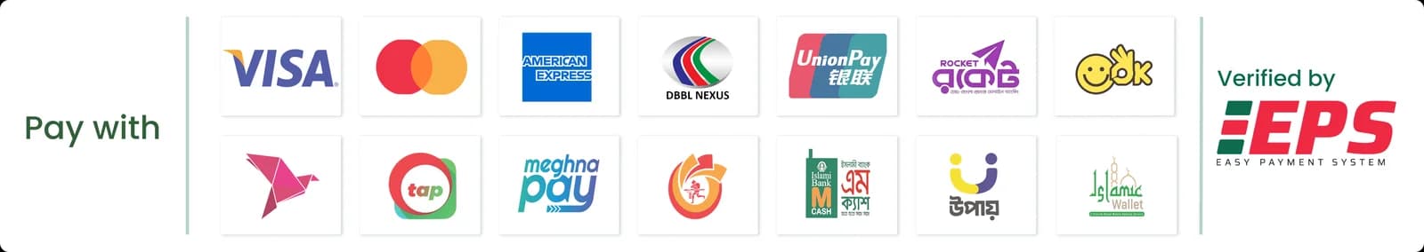 Pay with EPS: Visa, Mastercard, American Express, bKash, Nagad, Rocket, and other cards and mobile wallets
